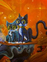 Load image into Gallery viewer, "Trick or Trio take Flight" - Light Up wooden pumpkin canvas original character painting by Scribble Creatures