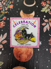 Load image into Gallery viewer, "Broom Ride" Glow-In-The-Dark Celebration Collection Honey and Hambo Enamel Pin by Scribble Creatures