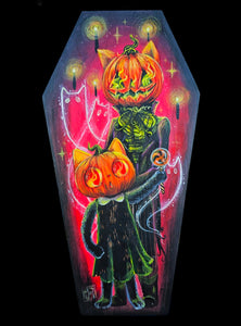 "Feline Pumpkin Fiends" Original Woodin Coffin Painting by Scribble Creatures