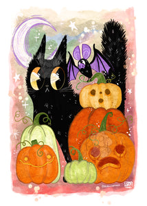 "Spooky Cat and Bat" Original Fine Art Print by Scribble Creatures