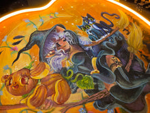 Load image into Gallery viewer, "Trick or Trio take Flight" - Light Up wooden pumpkin canvas original character painting by Scribble Creatures
