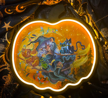 Load image into Gallery viewer, "Trick or Trio take Flight" - Light Up wooden pumpkin canvas original character painting by Scribble Creatures

