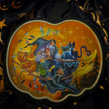 Load image into Gallery viewer, "Trick or Trio take Flight" - Light Up wooden pumpkin canvas original character painting by Scribble Creatures
