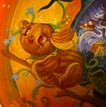 Load image into Gallery viewer, "Trick or Trio take Flight" - Light Up wooden pumpkin canvas original character painting by Scribble Creatures
