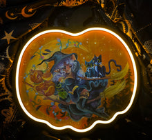 Load image into Gallery viewer, "Trick or Trio take Flight" - Light Up wooden pumpkin canvas original character painting by Scribble Creatures
