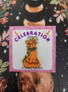 "Pumpkin Cat Hambo" Celebration Collection Honey and Hambo Enamel Pin by Scribble Creatures