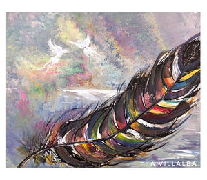 "Poured Rainbow Feather and doves" (Original Painting)